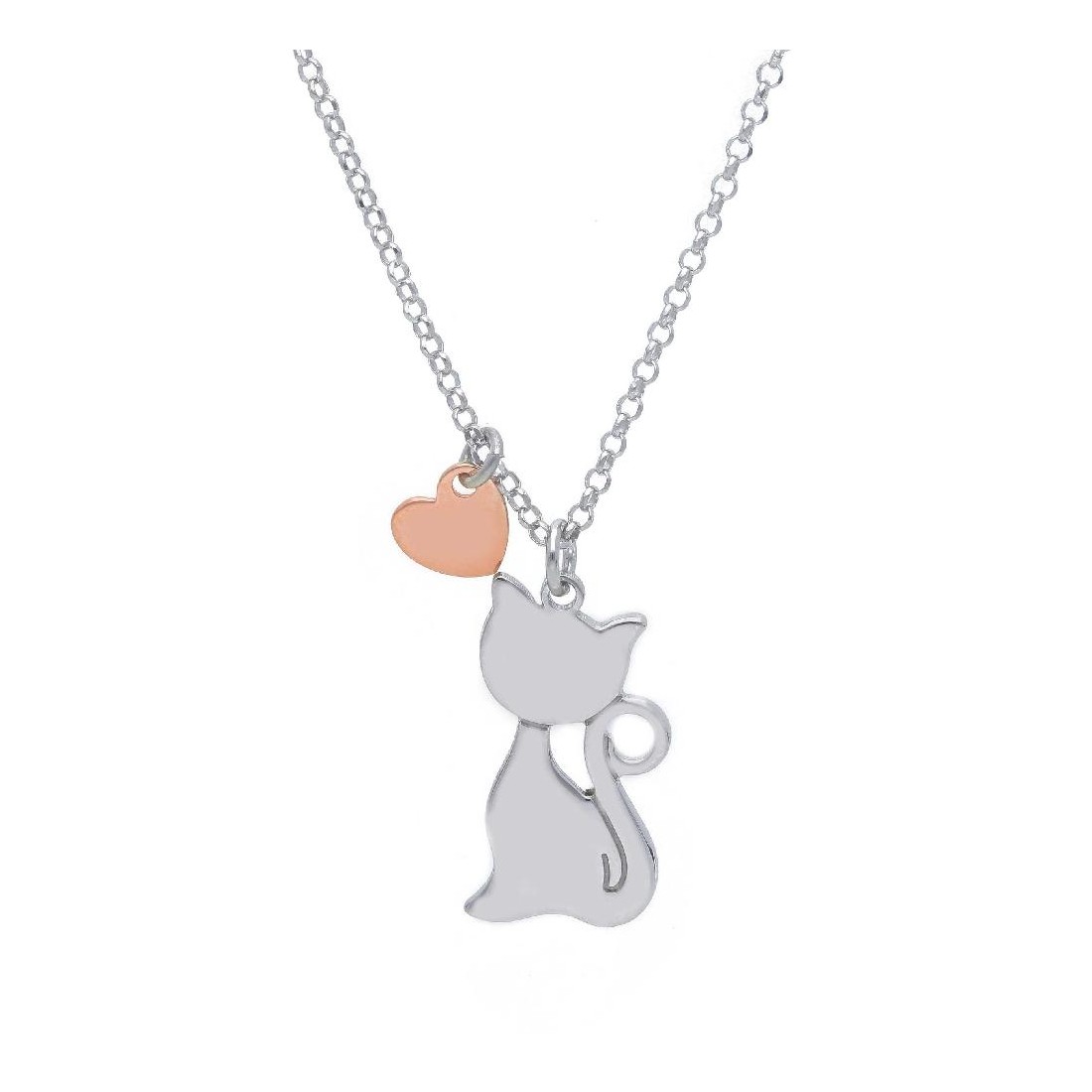 Girocollo in argento bicolore 925/ooo con cuore e gatto