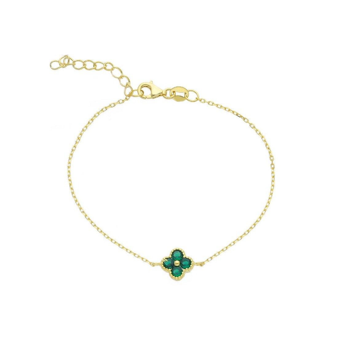 Bracciale in argento dorato 925/ooo e cristallo artificiale verde con fiore