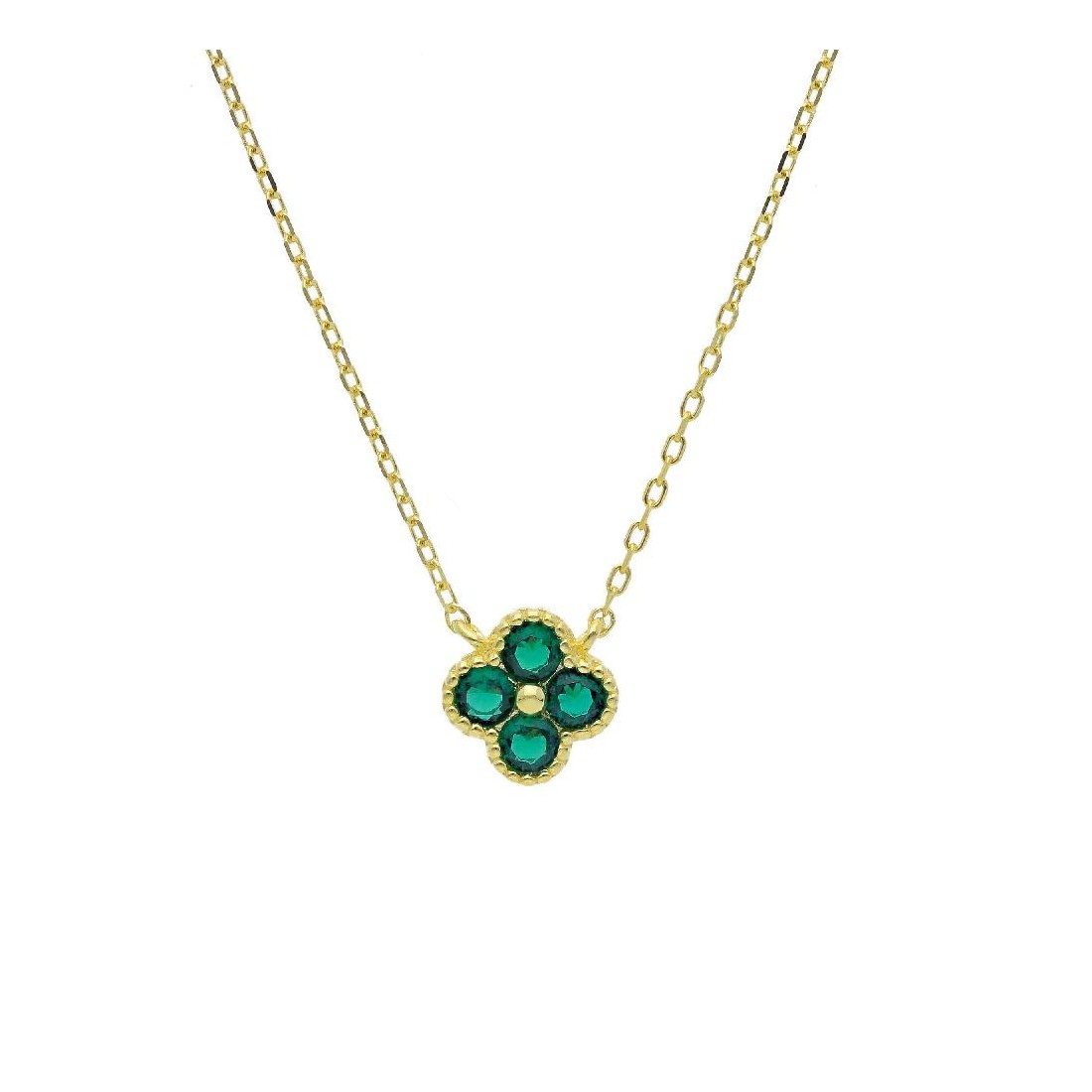 Girocollo in argento dorato 925/ooo e cristallo artificiale verde con fiore