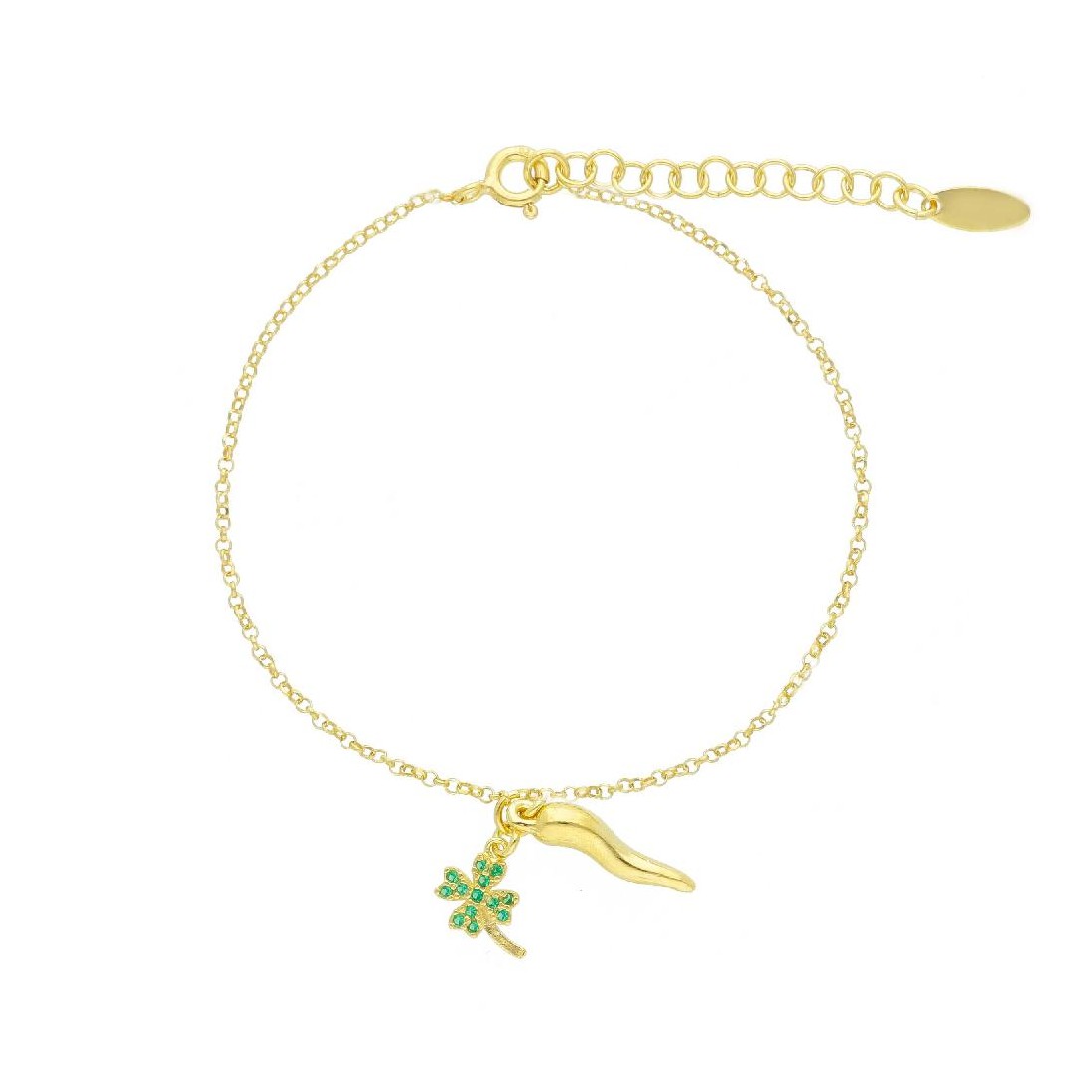 Bracciale in argento dorato 925/ooo e cristalli artificiali verde con charms
