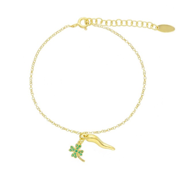 Bracciale in argento dorato 925/ooo e cristalli artificiali verde con charms