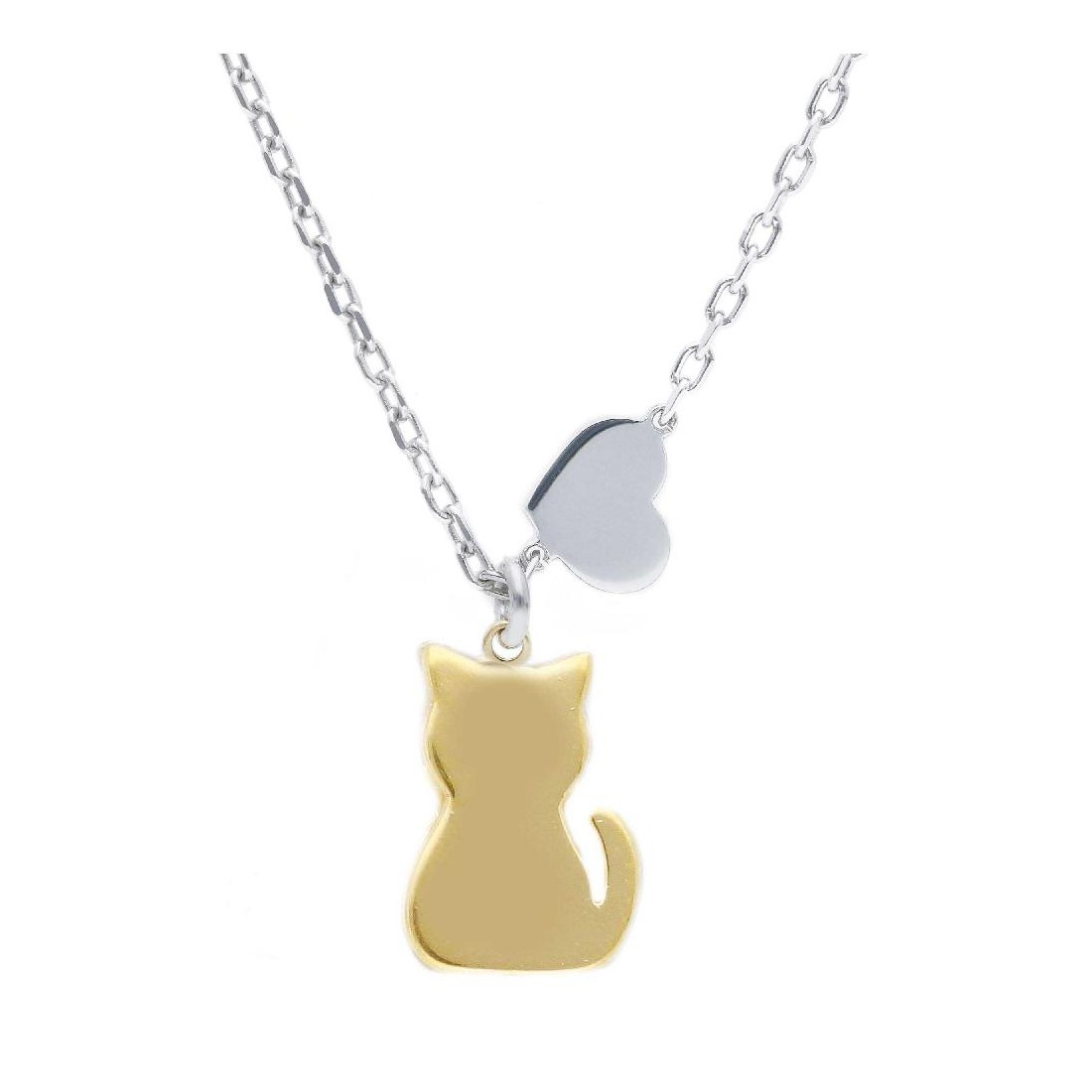 Girocollo in argento bicolore 925/ooo con gatto e cuore