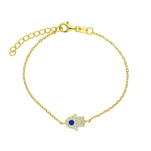 Bracciale in argento dorato 925/ooo zirconia cubica e cristallo artificiale blu con mano di fatima