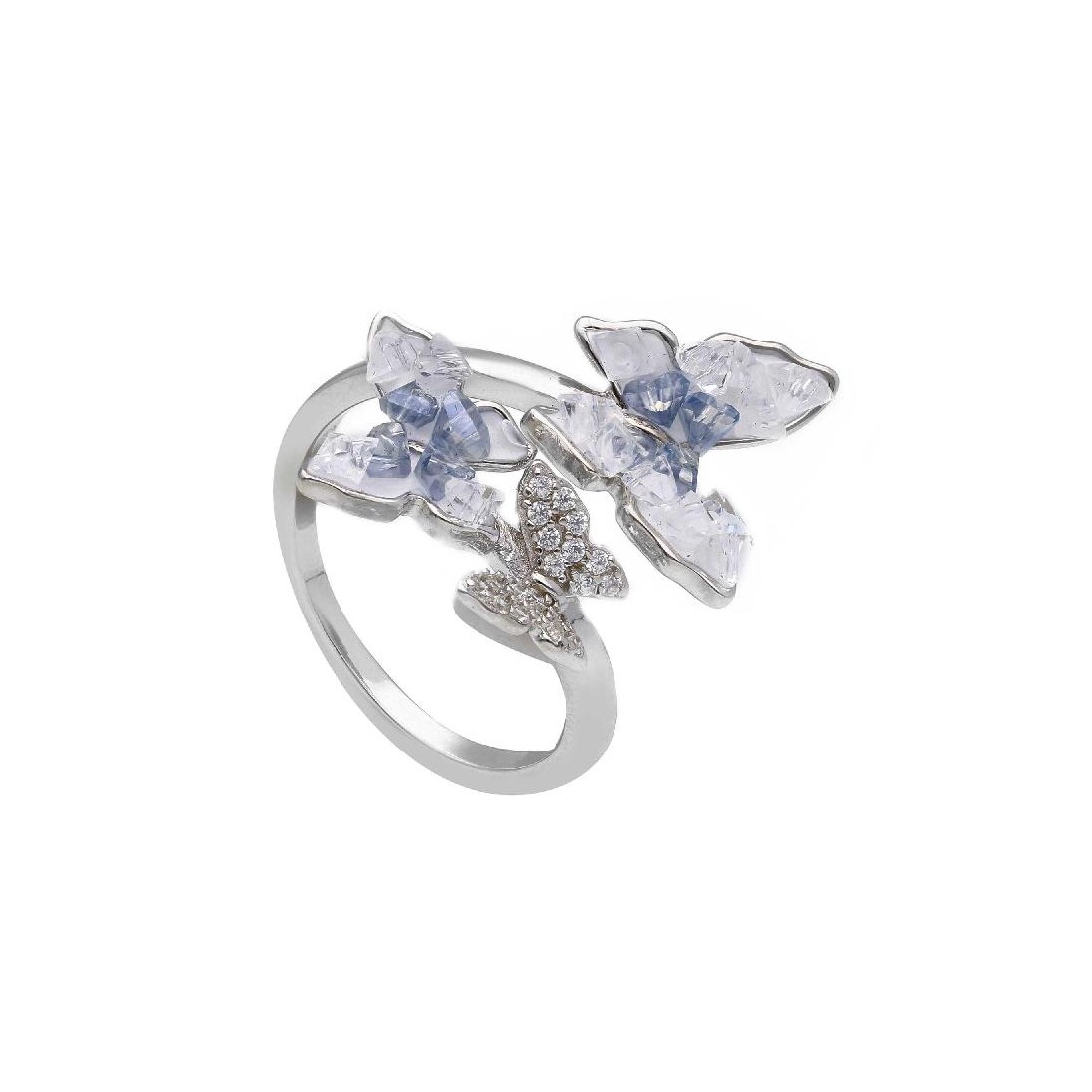 Anello contrarier in argento 925/ooo cristalli artificiali e zirconia cubica con farfalla