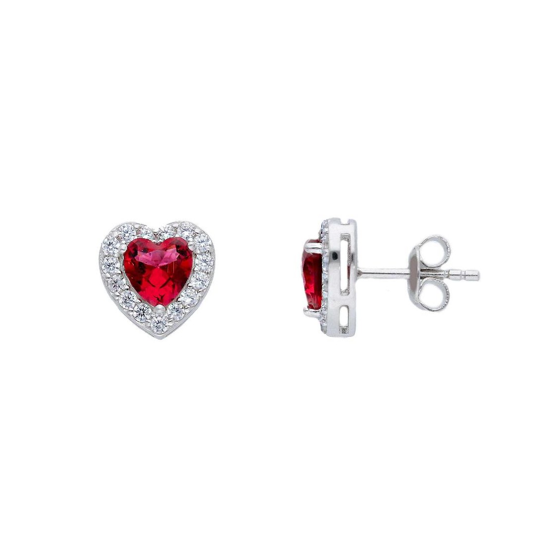 Orecchini lobo in argento 925/°°° zirconia cubica e cristallo artificiale rosso con cuore