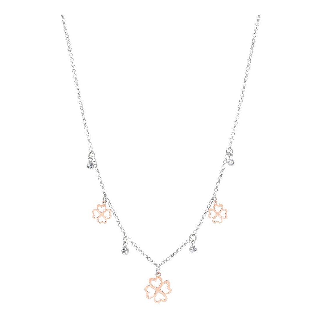 Girocollo in argento 925/°°°  bicolor con quadrifogli e zirconia cubica