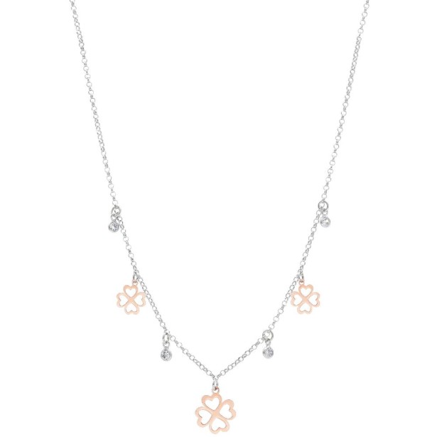 Girocollo in argento 925/°°°  bicolor con quadrifogli e zirconia cubica