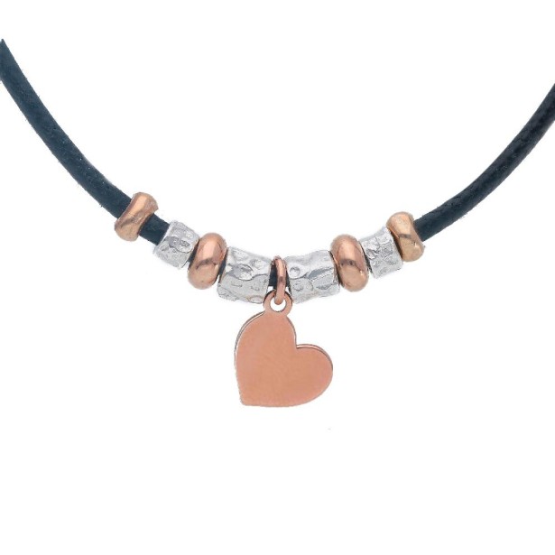 Girocollo in argento bicolore 925/°°° e cordino con cuore