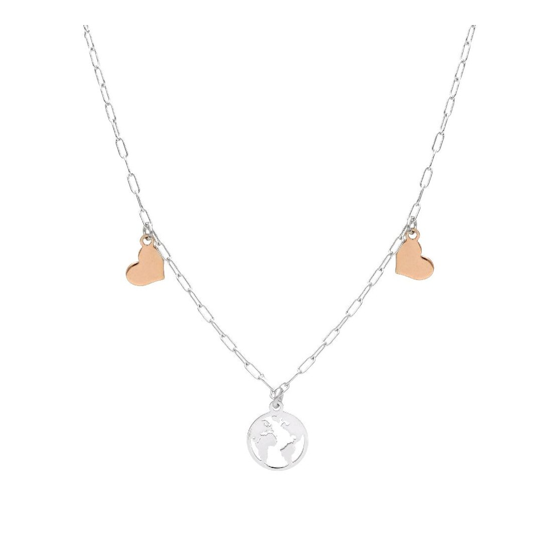 Girocollo in argento bicolore 925/°°° con cuore e mappamondo