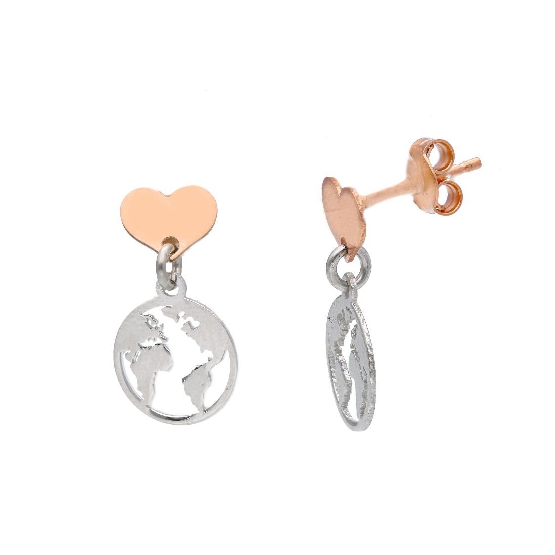 Orecchini pendenti in argento bicolore 925/°°° con cuore e mappamondo