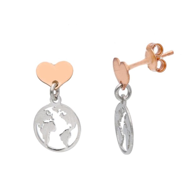 Orecchini pendenti in argento bicolore 925/°°° con cuore e mappamondo
