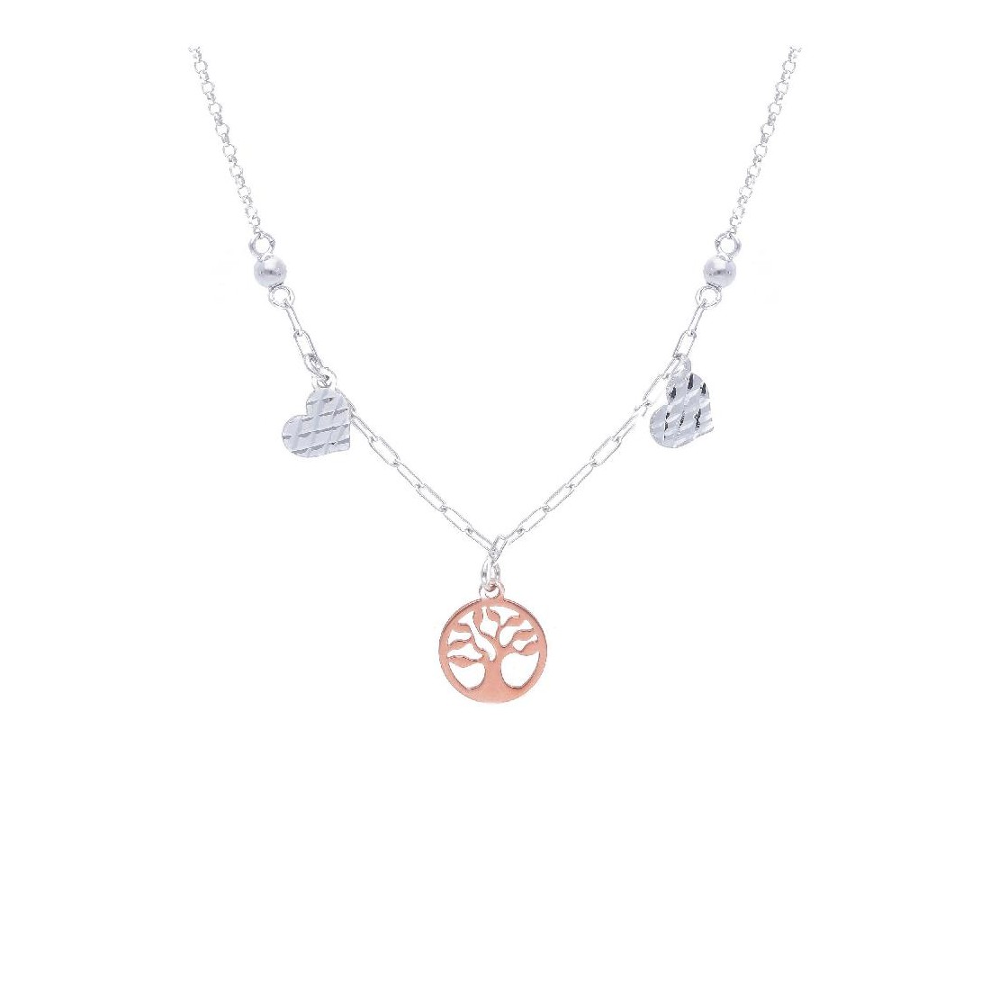 Girocollo in argento bicolor 925/°°° con albero della vita e cuori