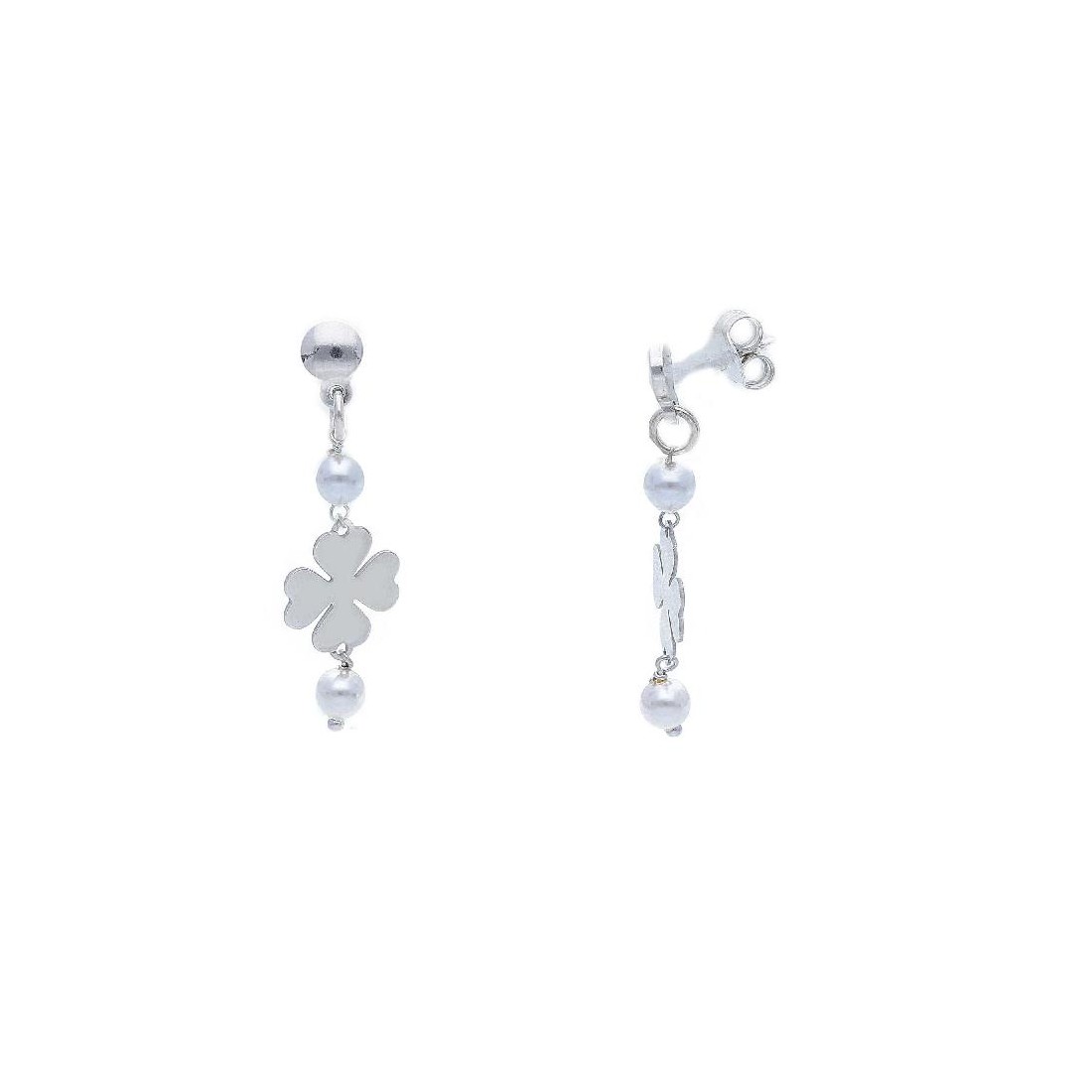 Orecchini pendenti in argento 925/°°° e perla con quadrifoglio