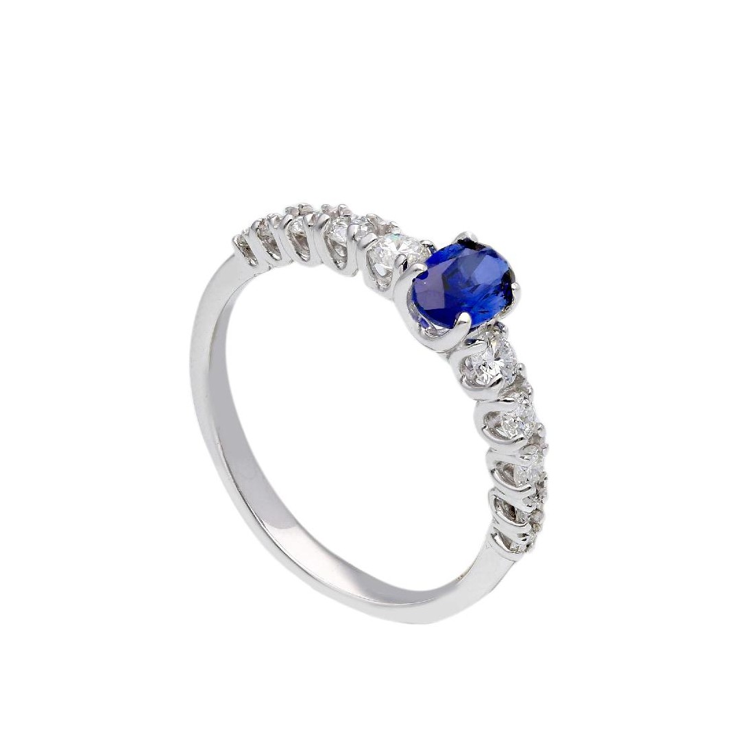 Anello in oro bianco 375/°°° con zaffiro sinteticoe diamante lab-grown