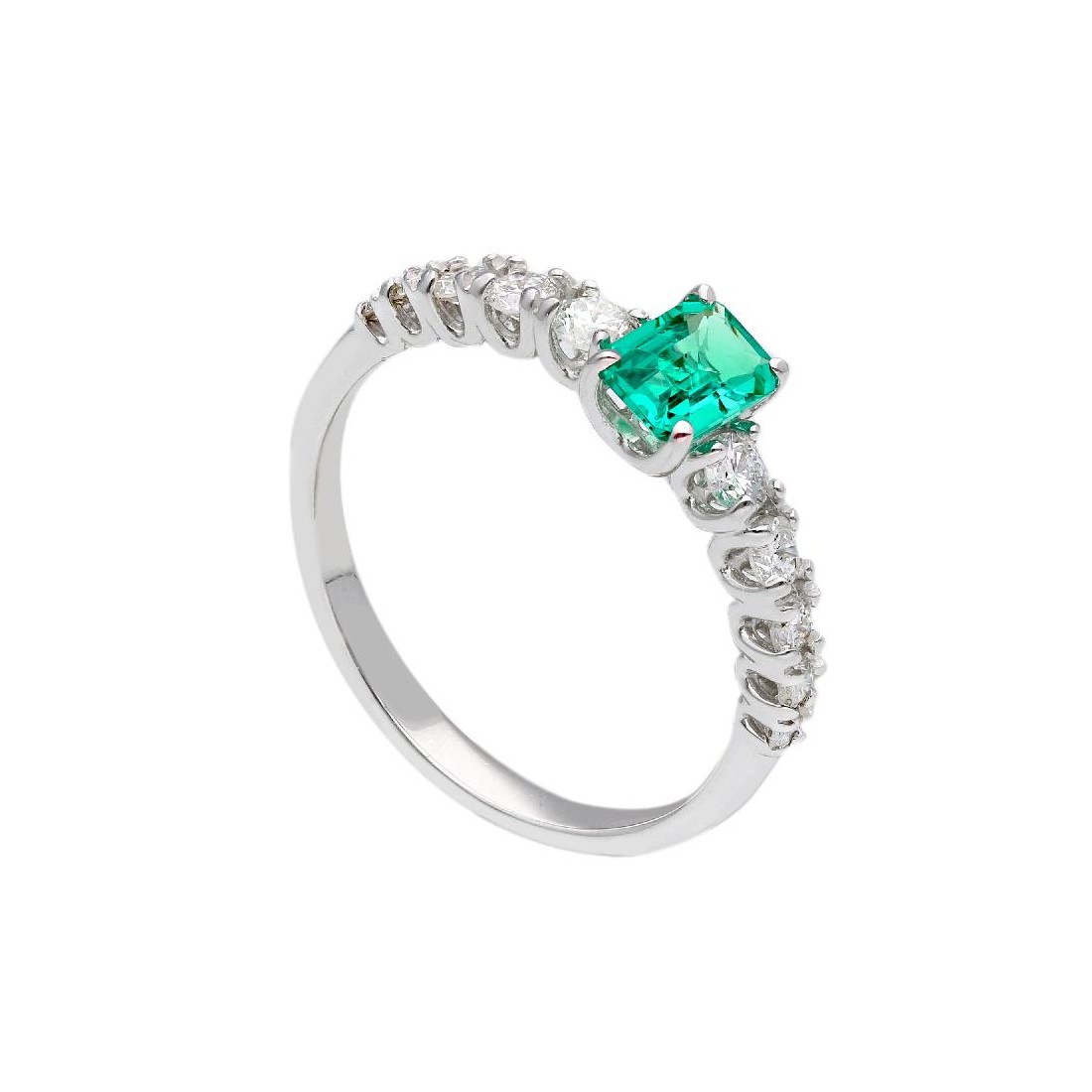 Anello in oro bianco 375/°°° con smeraldo sintetico e diamante lab-grown