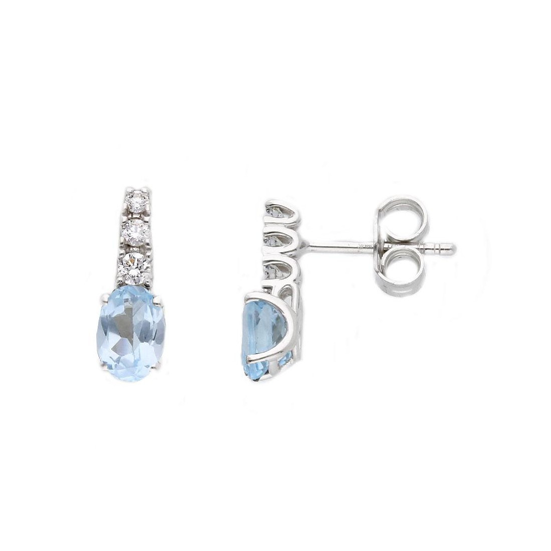 Orecchini in oro bianco 375/°°° con topazio azzurro e diamante lab-grown