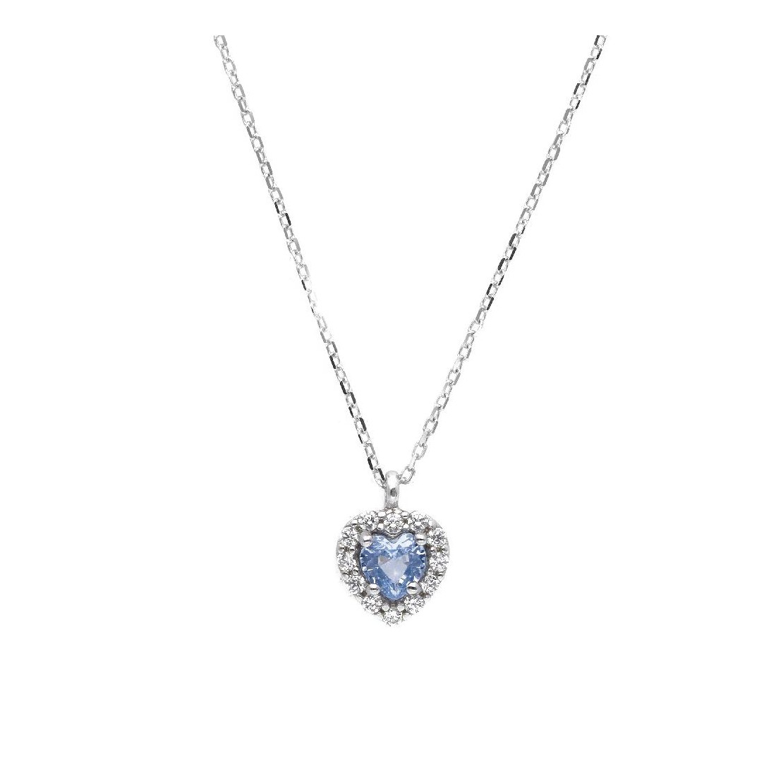Girocollo in oro bianco 375/°°° zirconia cubica e topazio azzurro con cuore