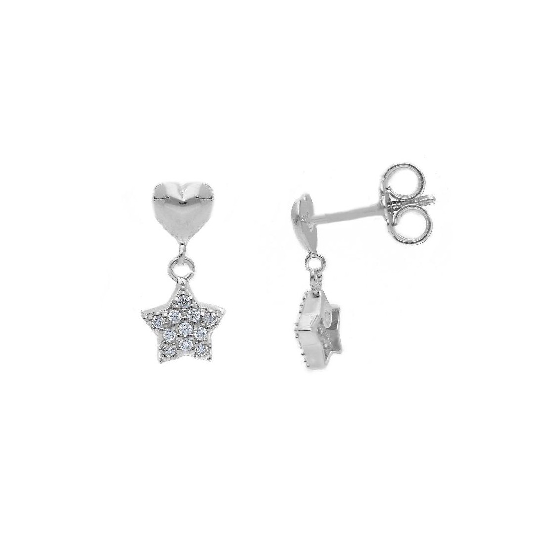Orecchini oro bianco 375/°°° e zirconia cubica con cuore e stella