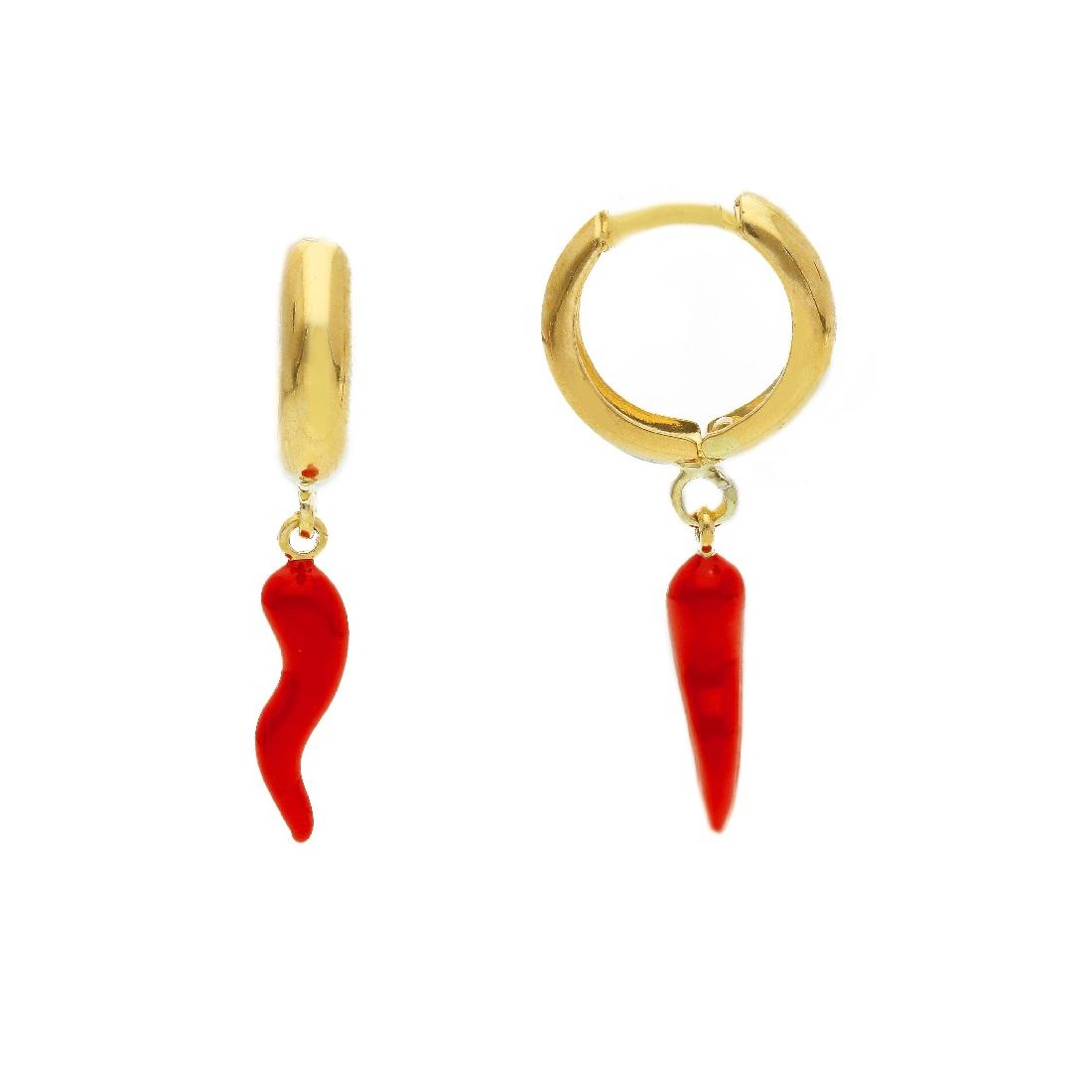Orecchini pendenti in oro giallo 375/°°° e smalto rosso con corno