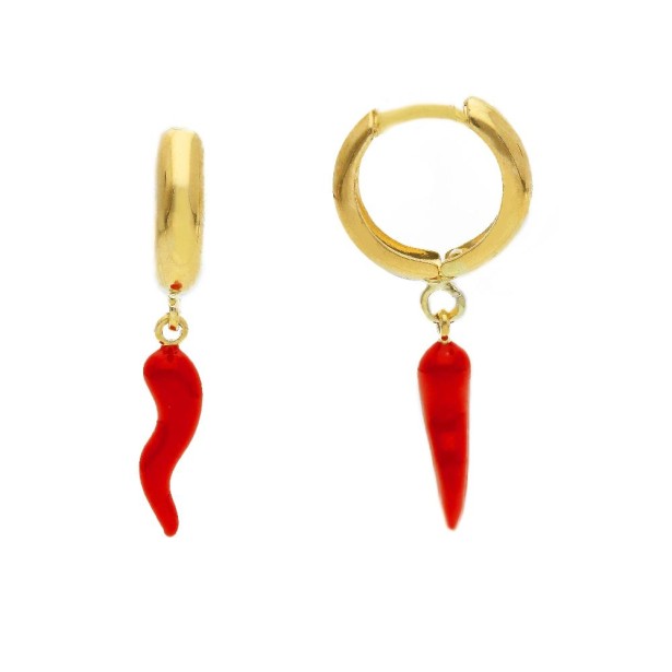 Orecchini pendenti in oro giallo 375/°°° e smalto rosso con corno