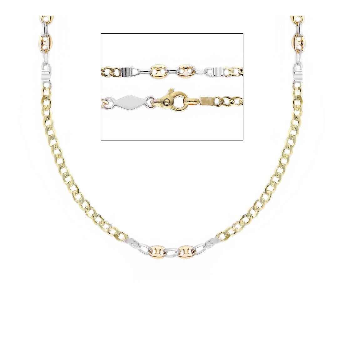 Catena groumette e marina in oro giallo e bianco 375/°°°