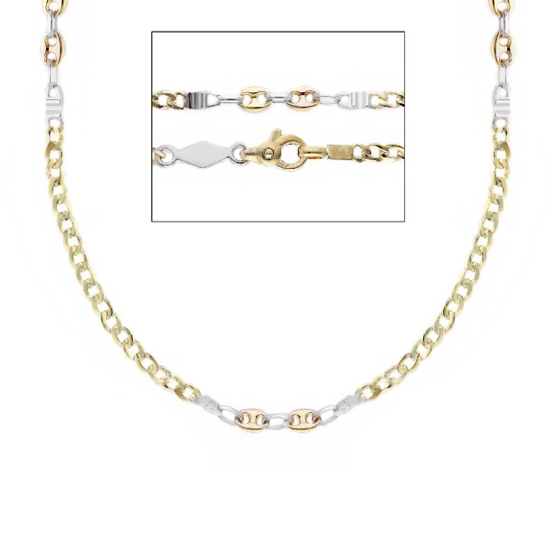 Catena groumette e marina in oro giallo e bianco 375/°°°