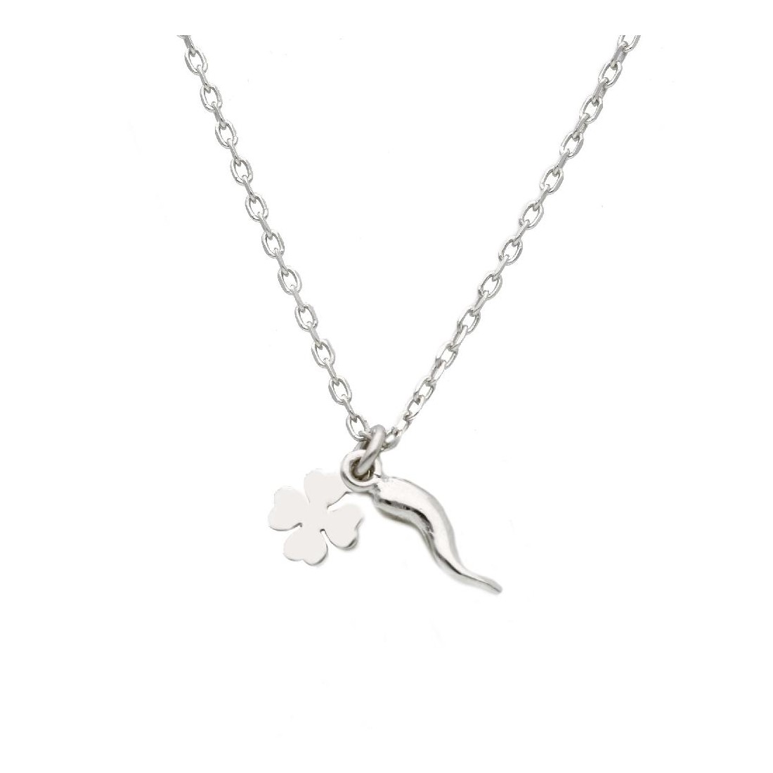 Girocollo in argento 925/ooo con quadrifoglio e corno
