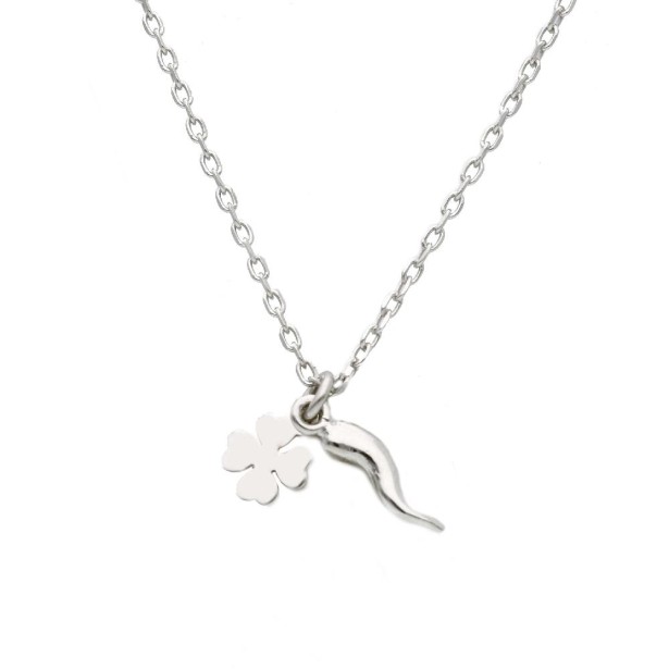 Girocollo in argento 925/ooo con quadrifoglio e corno