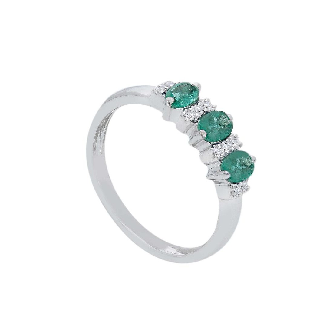 Anello trilogy in oro bianco 750/°°° diamante e smeraldo