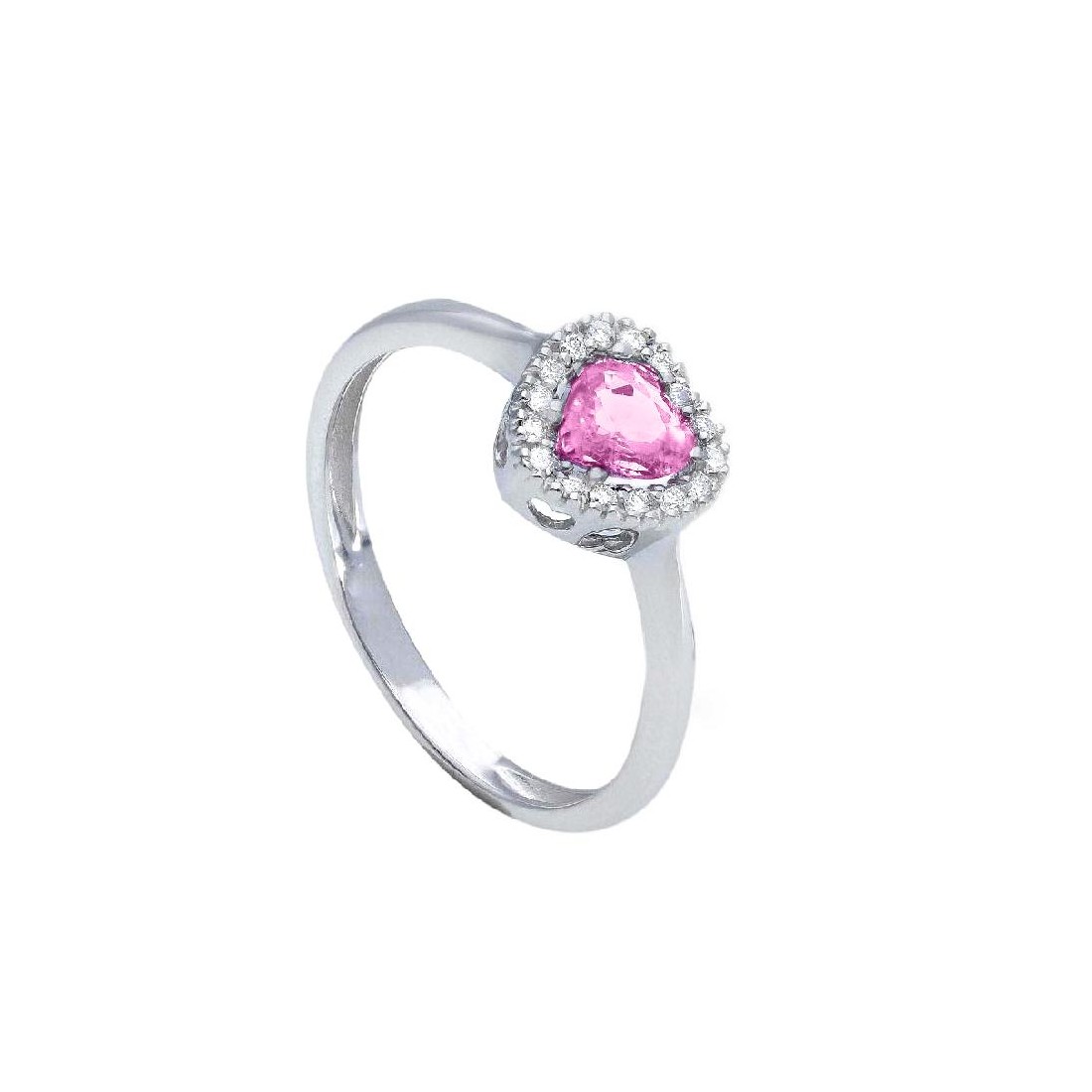 Anello in oro bianco 750/°°° diamante e zaffiro rosa con cuore