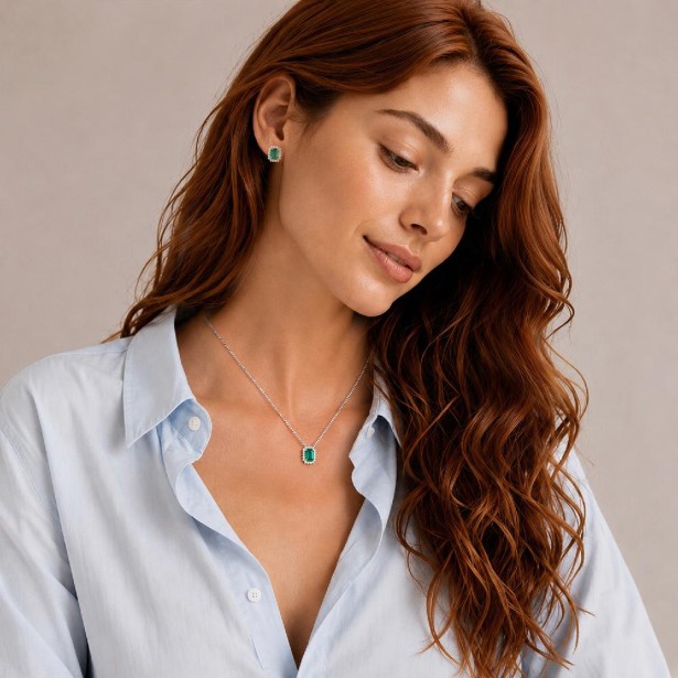 Girocollo in oro bianco 750/°°° diamante e smeraldo
