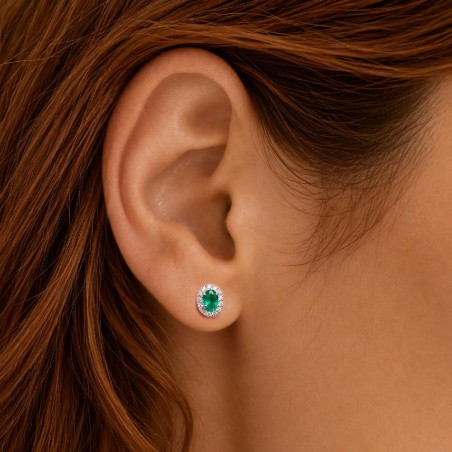 Orecchini lobo in oro bianco 750/°°° diamante e smeraldo