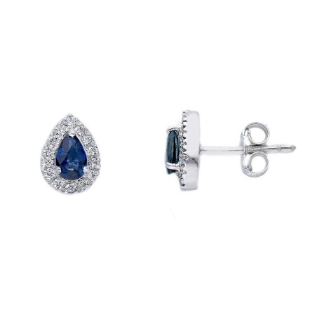 Orecchini lobo in oro bianco 750/°°° diamante e zaffiro con goccia