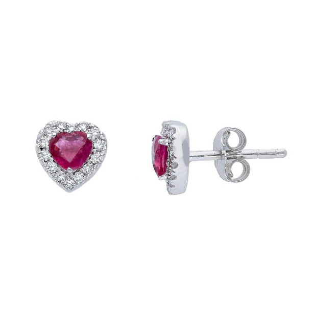 Orecchini lobo in oro bianco 750/°°° diamante e rubino con cuore