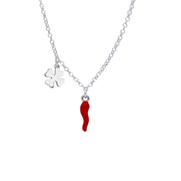 Girocollo in argento 925/ooo e smalto con corno e quadrifoglio