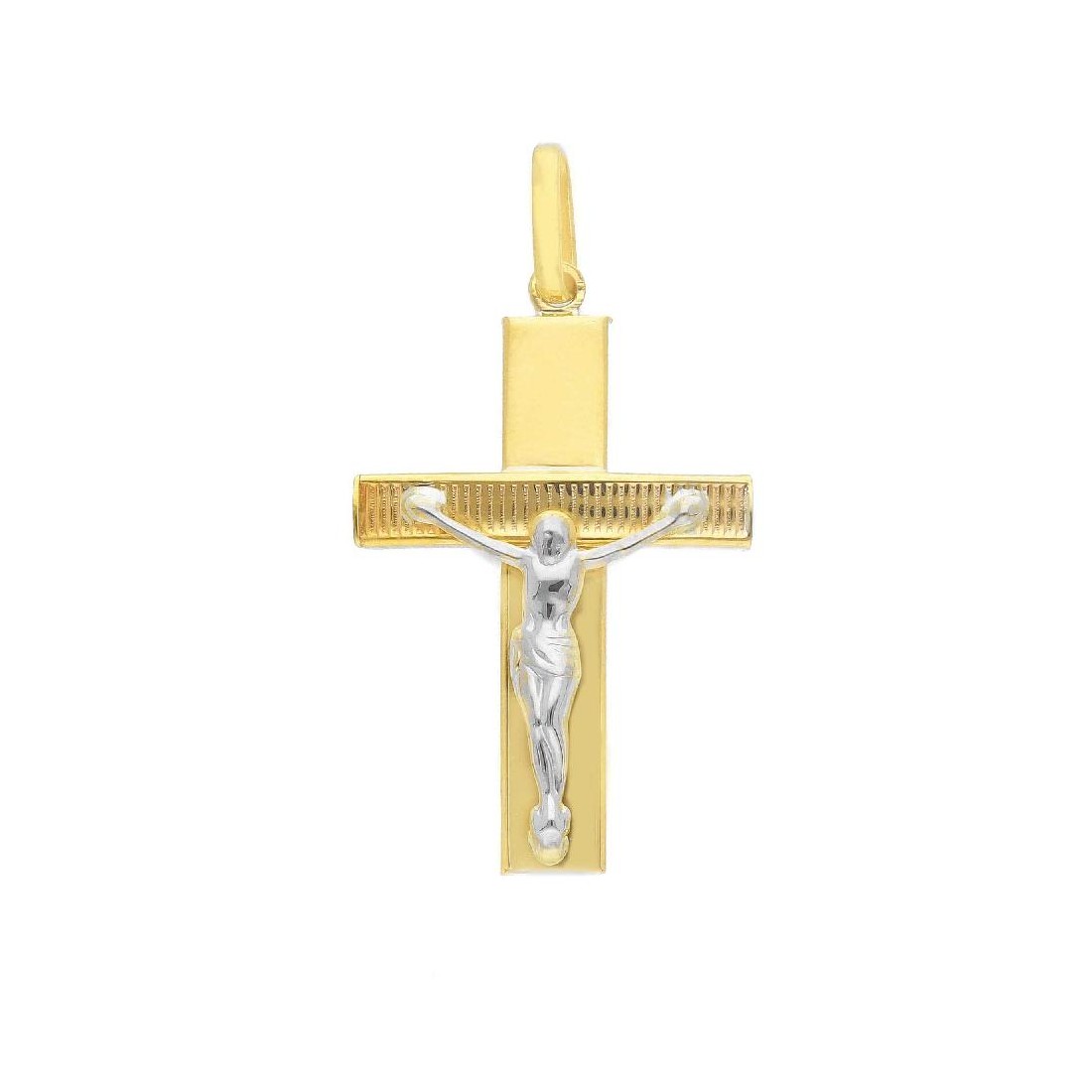 Ciondolo croce in oro giallo e bianco 375/ooo con Cristo