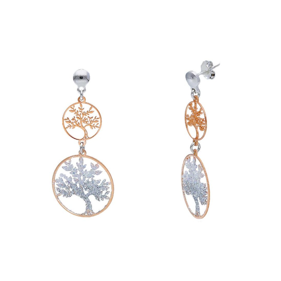 Orecchini pendenti in argento bicolore 925/ooo e zirconia cubica con albero della vita