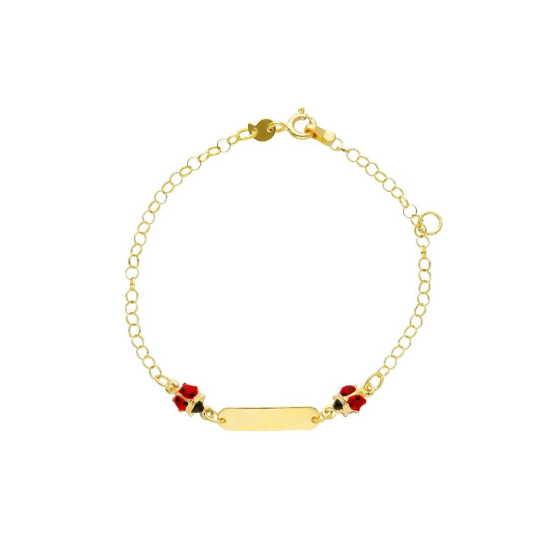 Bracciale targa in oro giallo 375/ooo e smalto con coccinelle