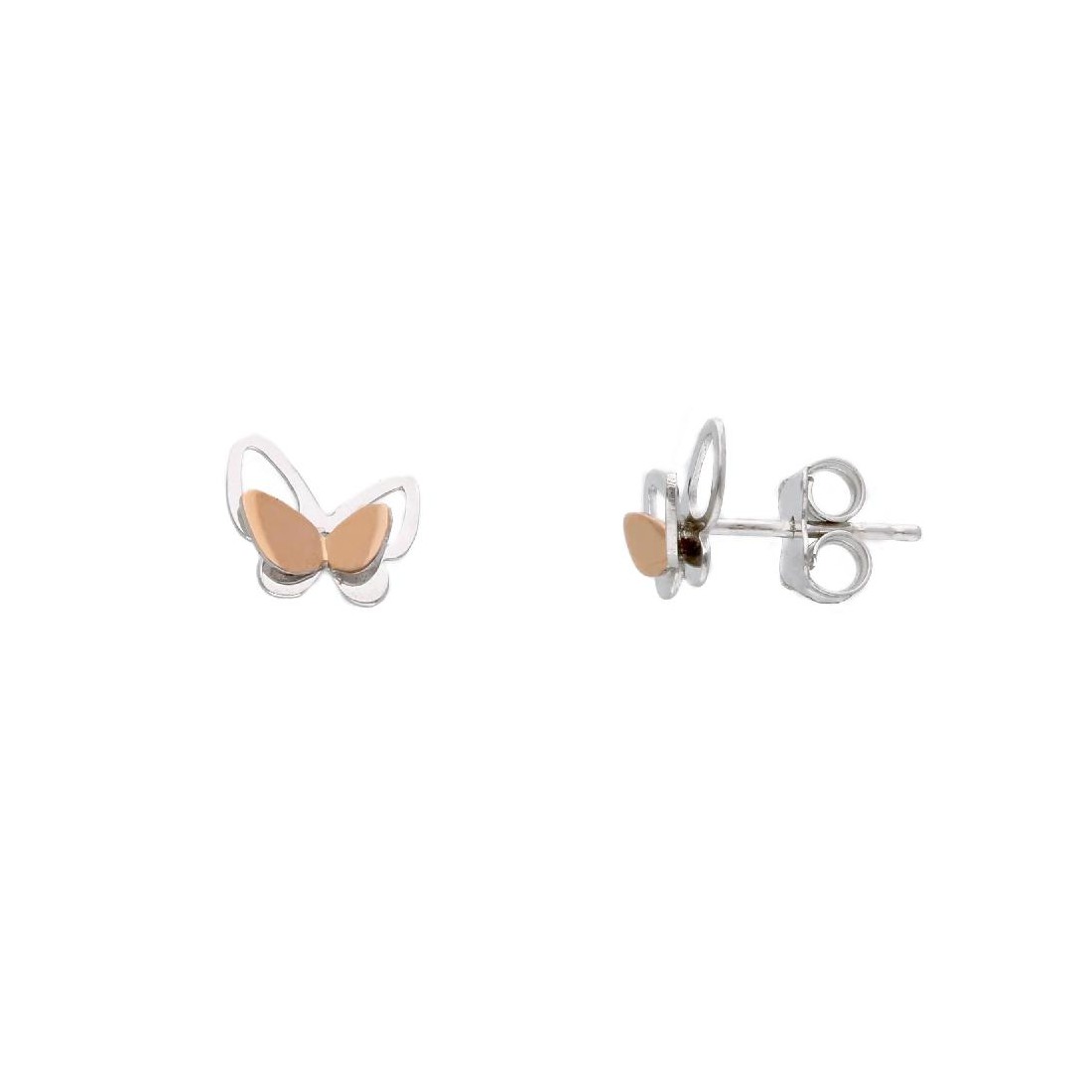 Orecchini lobo in oro bianco e rosa 750/ooo con farfalla
