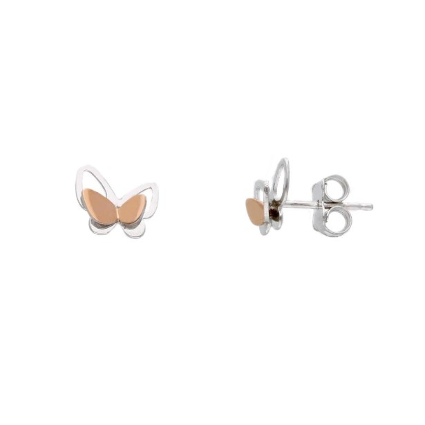 Orecchini lobo in oro bianco e rosa 750/ooo con farfalla