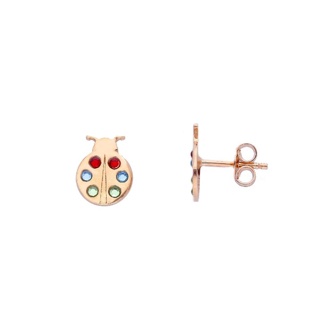 Orecchini lobo in argento 925/°°° rosè e zirconia cubica con coccinella