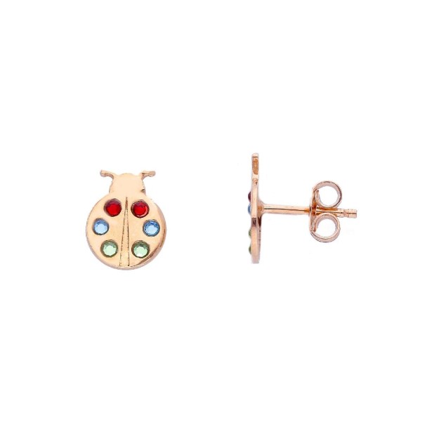 Orecchini lobo in argento 925/°°° rosè e zirconia cubica con coccinella