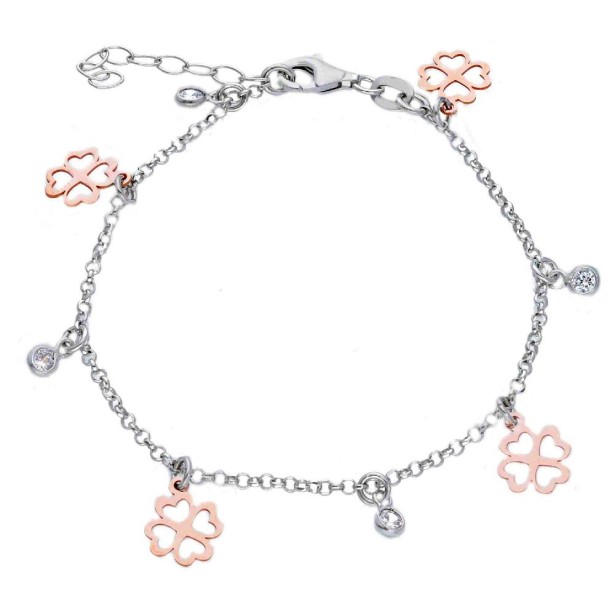 Bracciale in argento bicolore 925/ooo e zirconia cubica con quadrifoglio