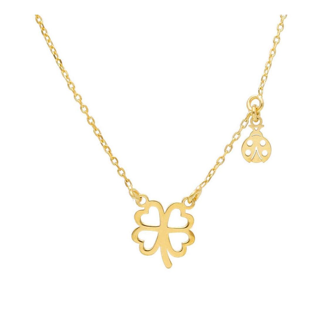 Girocollo in argento dorato 925/ooo con coccinella e quadrifoglio