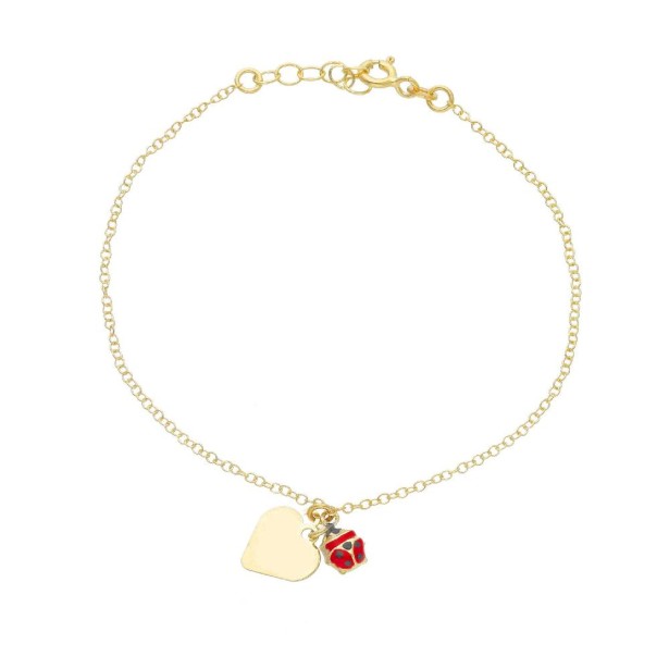 Bracciale in oro giallo 375/ooo e smalto con coccinella e cuore