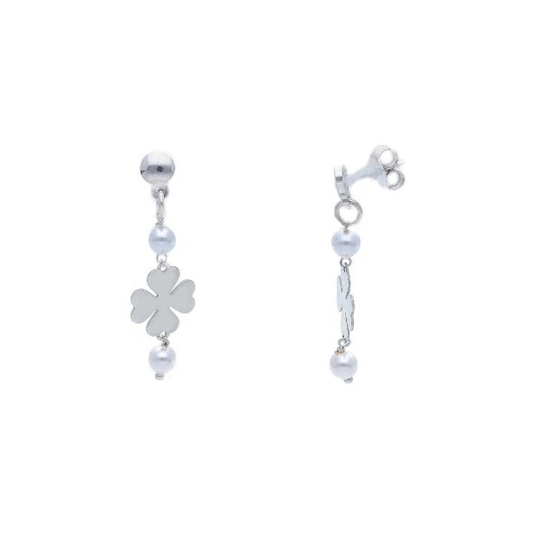 Orecchini pendenti in argento 925/°°° e perla con quadrifoglio