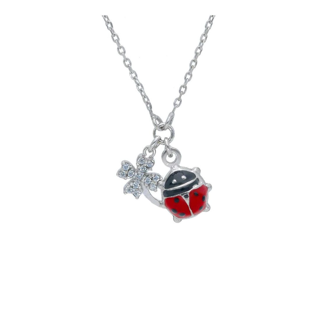 Girocollo in argento 925/ooo zirconia cubica e smalto con coccinella e quadrifoglio