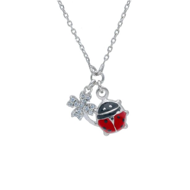 Girocollo in argento 925/ooo zirconia cubica e smalto con coccinella e quadrifoglio