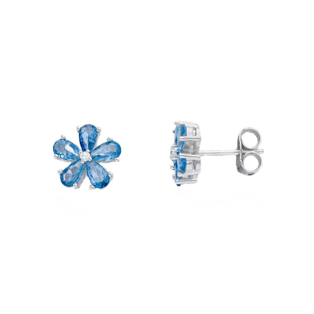 Orecchini lobo in argento 925/ooo zirconia cubica e cristallo artificiale blu con fiore