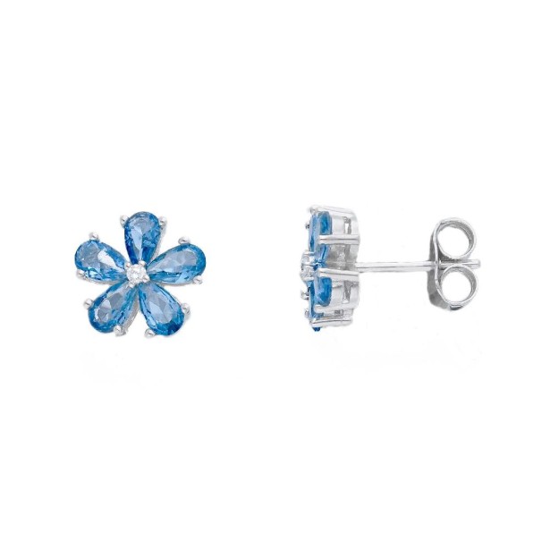 Orecchini lobo in argento 925/ooo zirconia cubica e cristallo artificiale blu con fiore